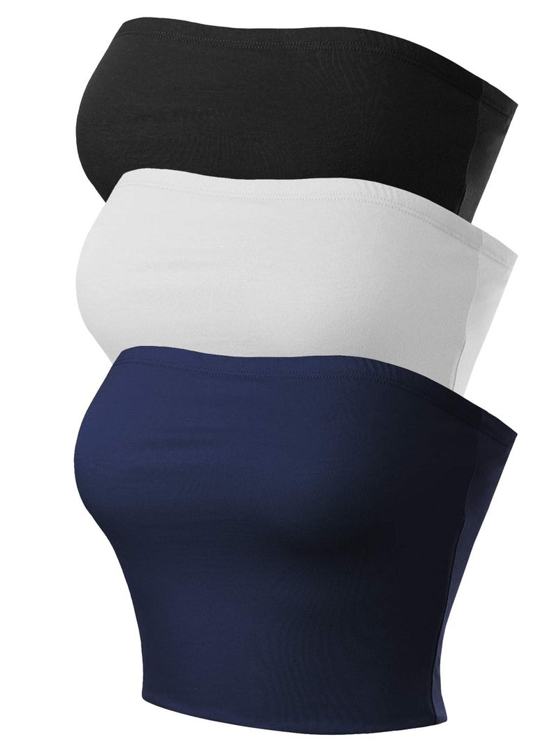 MixMatchy Women's Strapless Tube Tops Basic Bandeau Crop Sleeveless Backless Casual Sexy Going Out Summer 2025 3PACK - Black/White/Navy S